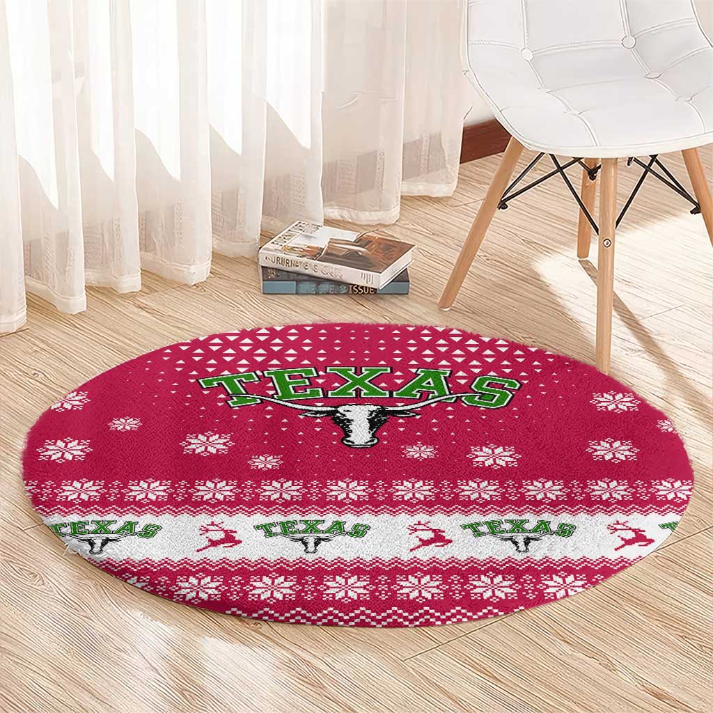 Texas Christmas Round Carpet with Red and White Snowflake Pattern Longhorn Skull and Christmas Cactus Motif - Wonder Print Shop