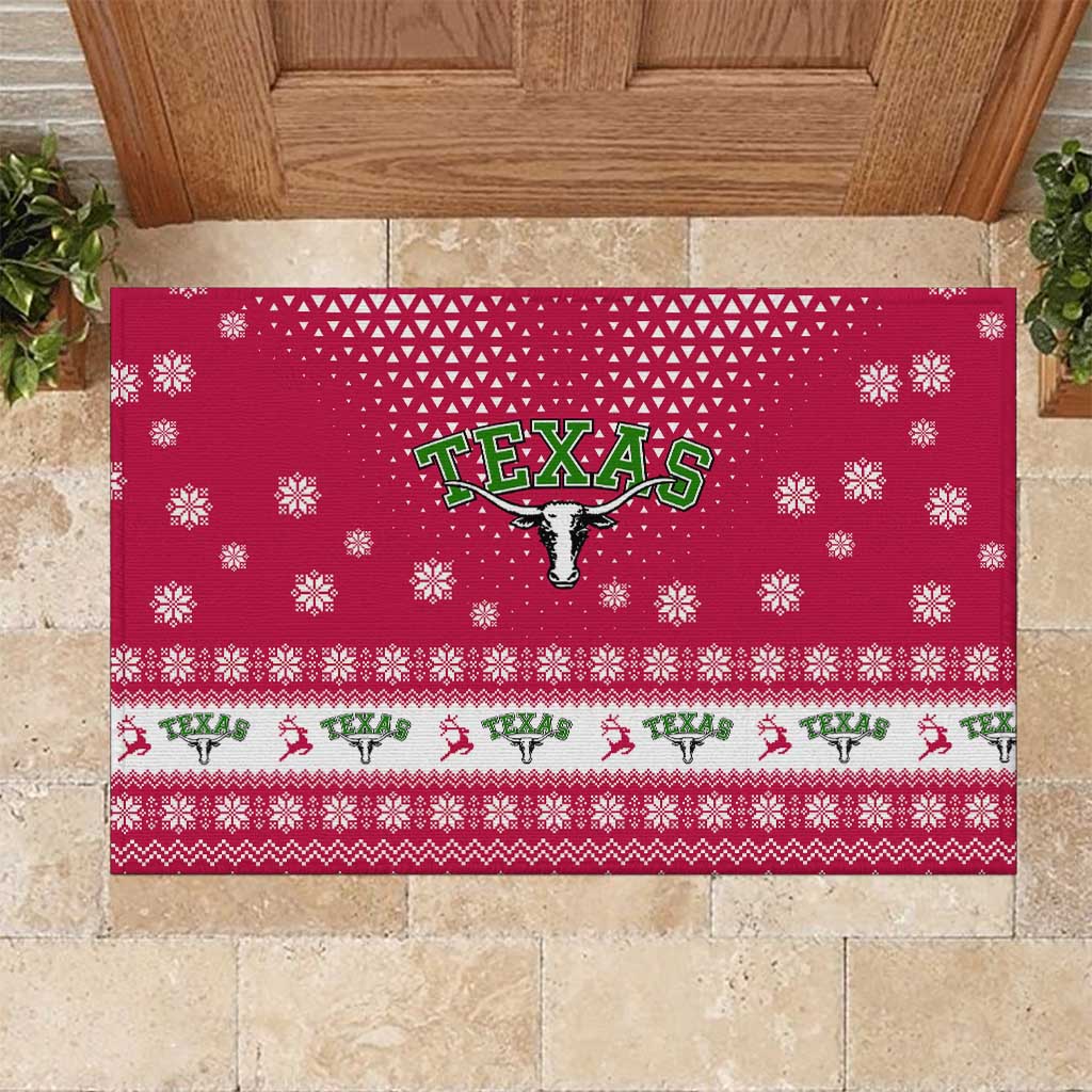 Texas Christmas Rubber Doormat with Red and White Snowflake Pattern Longhorn Skull and Christmas Cactus Motif - Wonder Print Shop