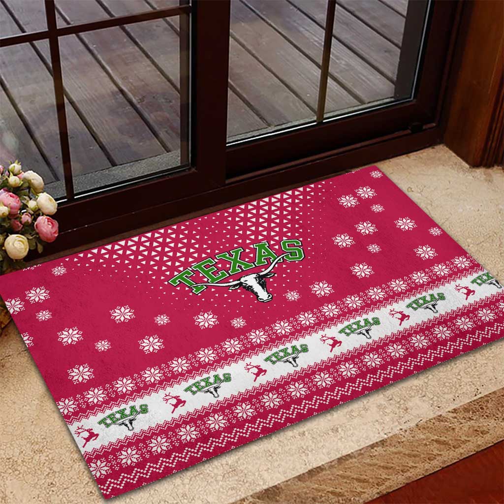 Texas Christmas Rubber Doormat with Red and White Snowflake Pattern Longhorn Skull and Christmas Cactus Motif - Wonder Print Shop