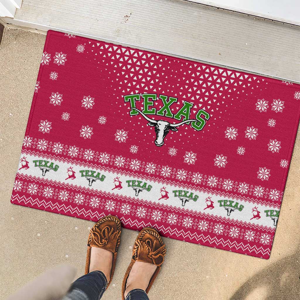 Texas Christmas Rubber Doormat with Red and White Snowflake Pattern Longhorn Skull and Christmas Cactus Motif - Wonder Print Shop