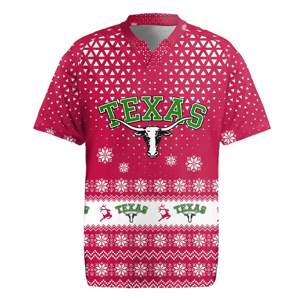 Texas Christmas Rugby Jersey with Red and White Snowflake Pattern Longhorn Skull and Christmas Cactus Motif - Wonder Print Shop