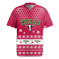 Texas Christmas Rugby Jersey with Red and White Snowflake Pattern Longhorn Skull and Christmas Cactus Motif - Wonder Print Shop