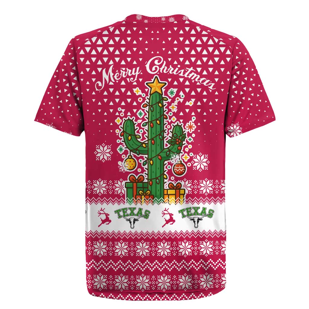 Texas Christmas Rugby Jersey with Red and White Snowflake Pattern Longhorn Skull and Christmas Cactus Motif - Wonder Print Shop