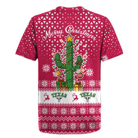 Texas Christmas Rugby Jersey with Red and White Snowflake Pattern Longhorn Skull and Christmas Cactus Motif - Wonder Print Shop
