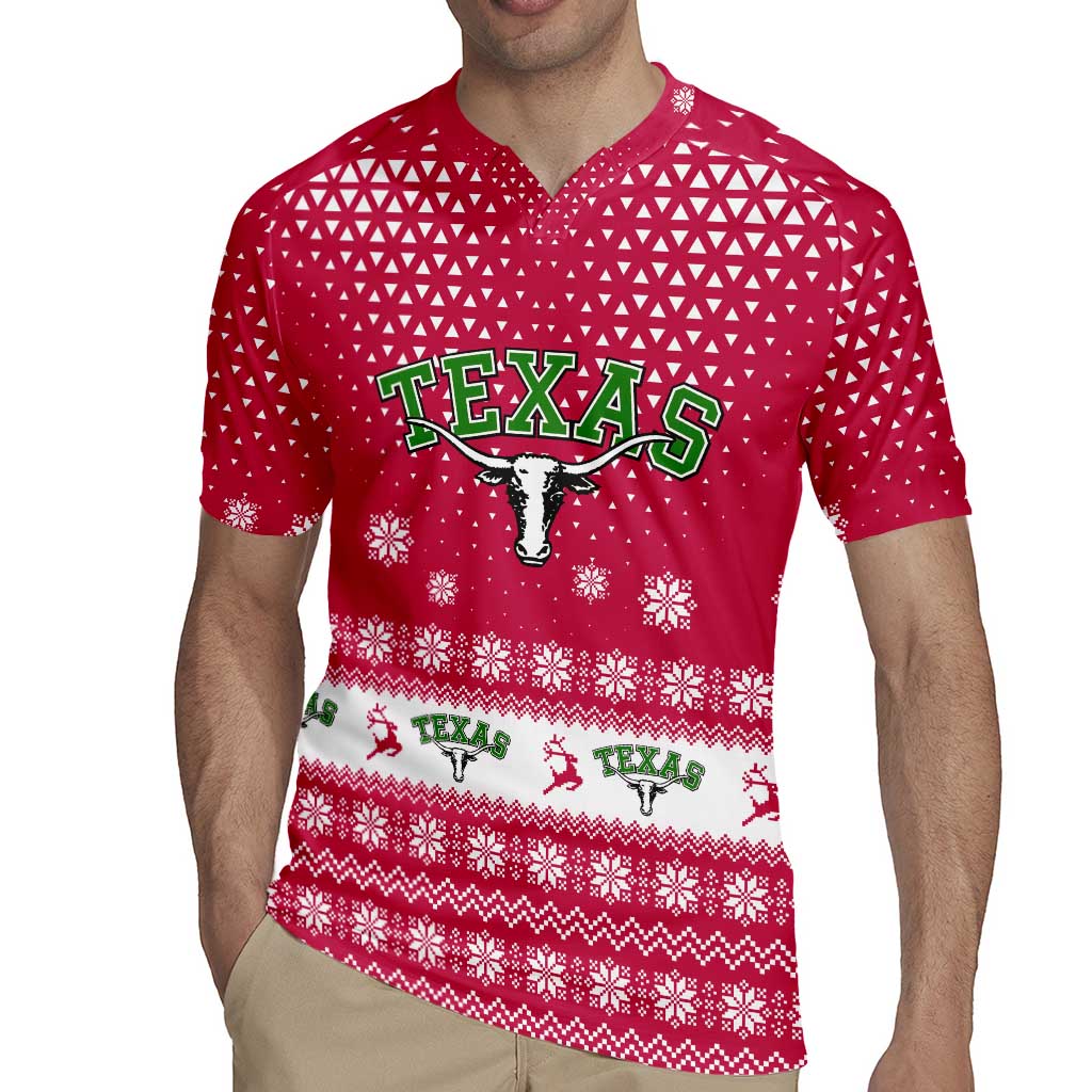 Texas Christmas Rugby Jersey with Red and White Snowflake Pattern Longhorn Skull and Christmas Cactus Motif - Wonder Print Shop