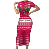 Texas Christmas Short Sleeve Bodycon Dress with Red and White Snowflake Pattern Longhorn Skull and Christmas Cactus Motif - Wonder Print Shop