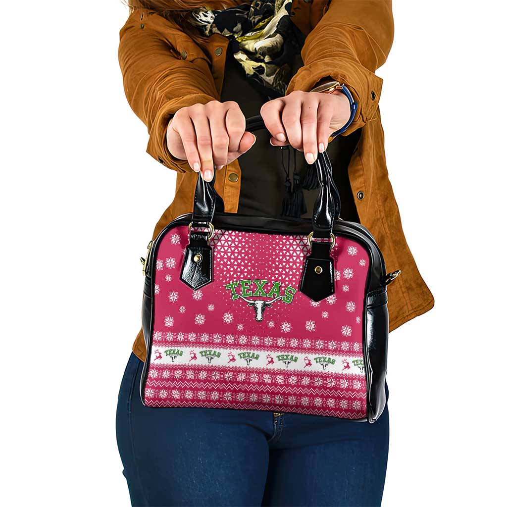 Texas Christmas Shoulder Handbag with Red and White Snowflake Pattern Longhorn Skull and Christmas Cactus Motif - Wonder Print Shop