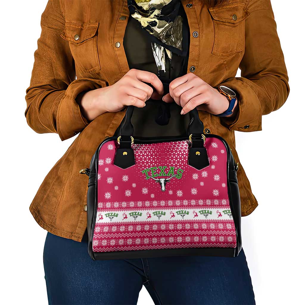 Texas Christmas Shoulder Handbag with Red and White Snowflake Pattern Longhorn Skull and Christmas Cactus Motif - Wonder Print Shop
