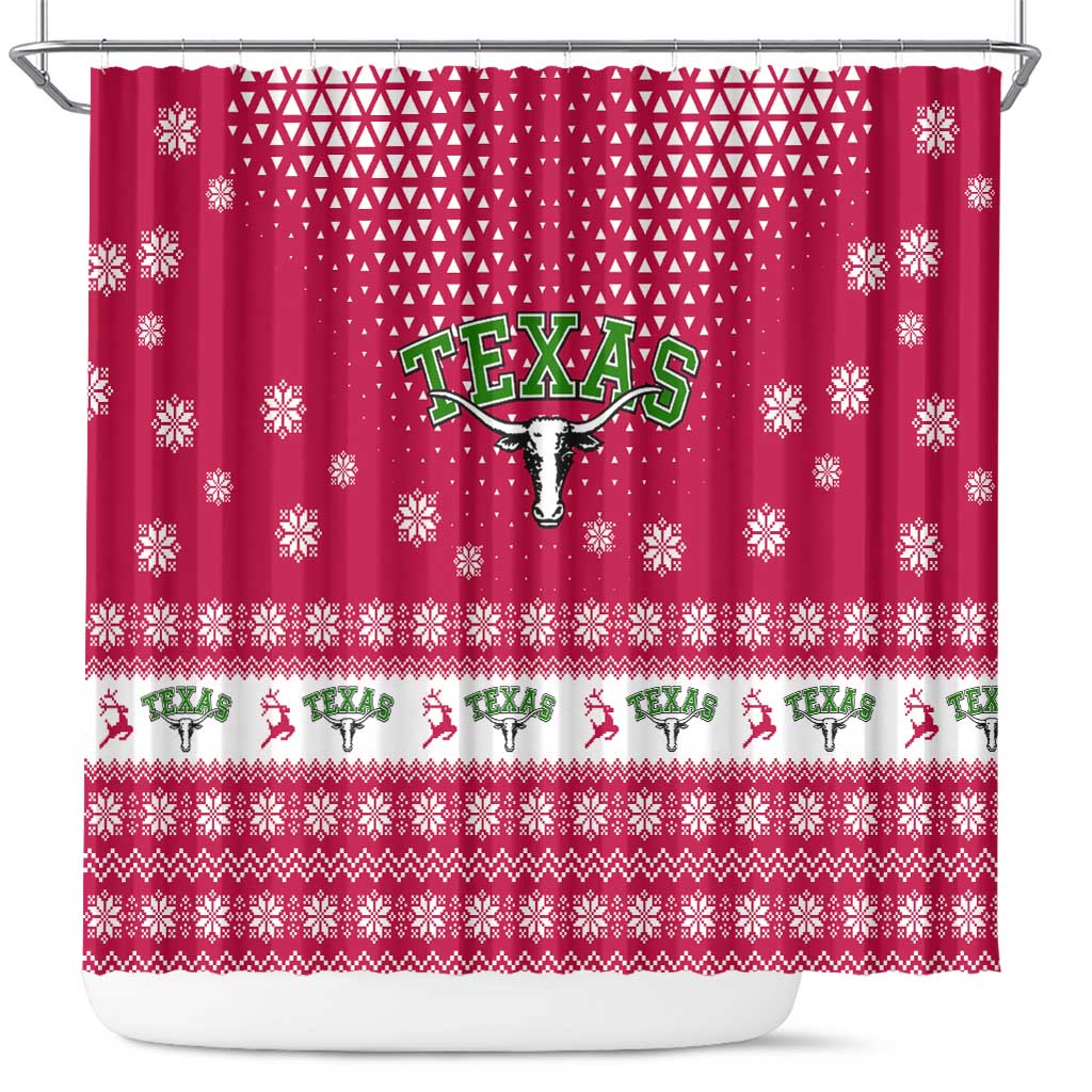 Texas Christmas Shower Curtain with Red and White Snowflake Pattern Longhorn Skull and Christmas Cactus Motif - Wonder Print Shop