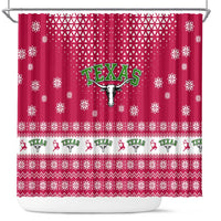 Texas Christmas Shower Curtain with Red and White Snowflake Pattern Longhorn Skull and Christmas Cactus Motif - Wonder Print Shop