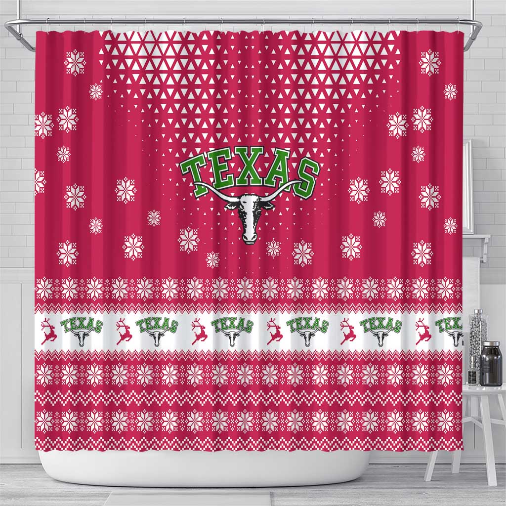 Texas Christmas Shower Curtain with Red and White Snowflake Pattern Longhorn Skull and Christmas Cactus Motif - Wonder Print Shop