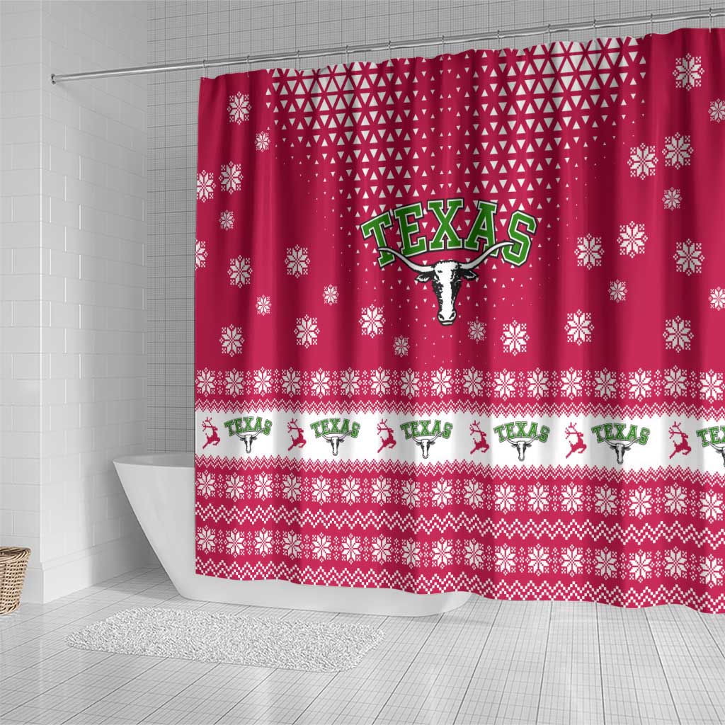 Texas Christmas Shower Curtain with Red and White Snowflake Pattern Longhorn Skull and Christmas Cactus Motif - Wonder Print Shop