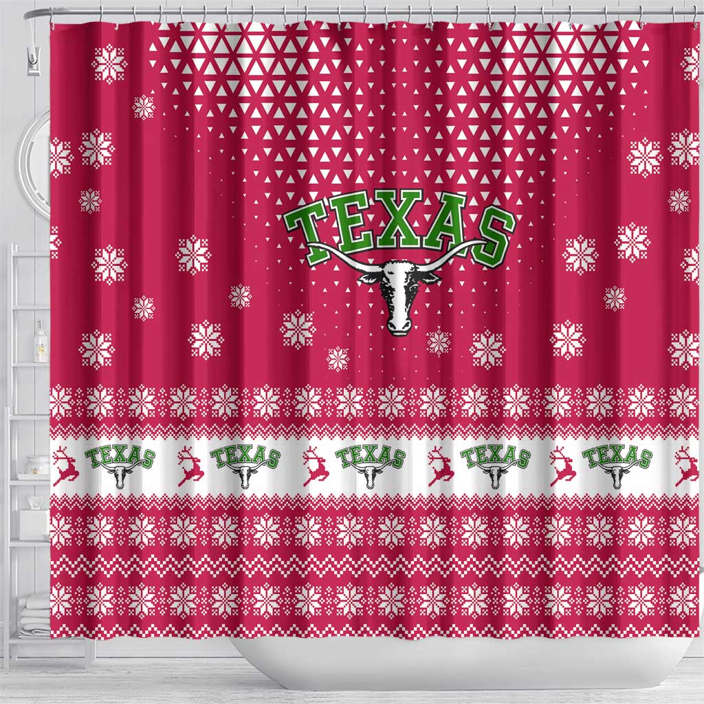 Texas Christmas Shower Curtain with Red and White Snowflake Pattern Longhorn Skull and Christmas Cactus Motif - Wonder Print Shop