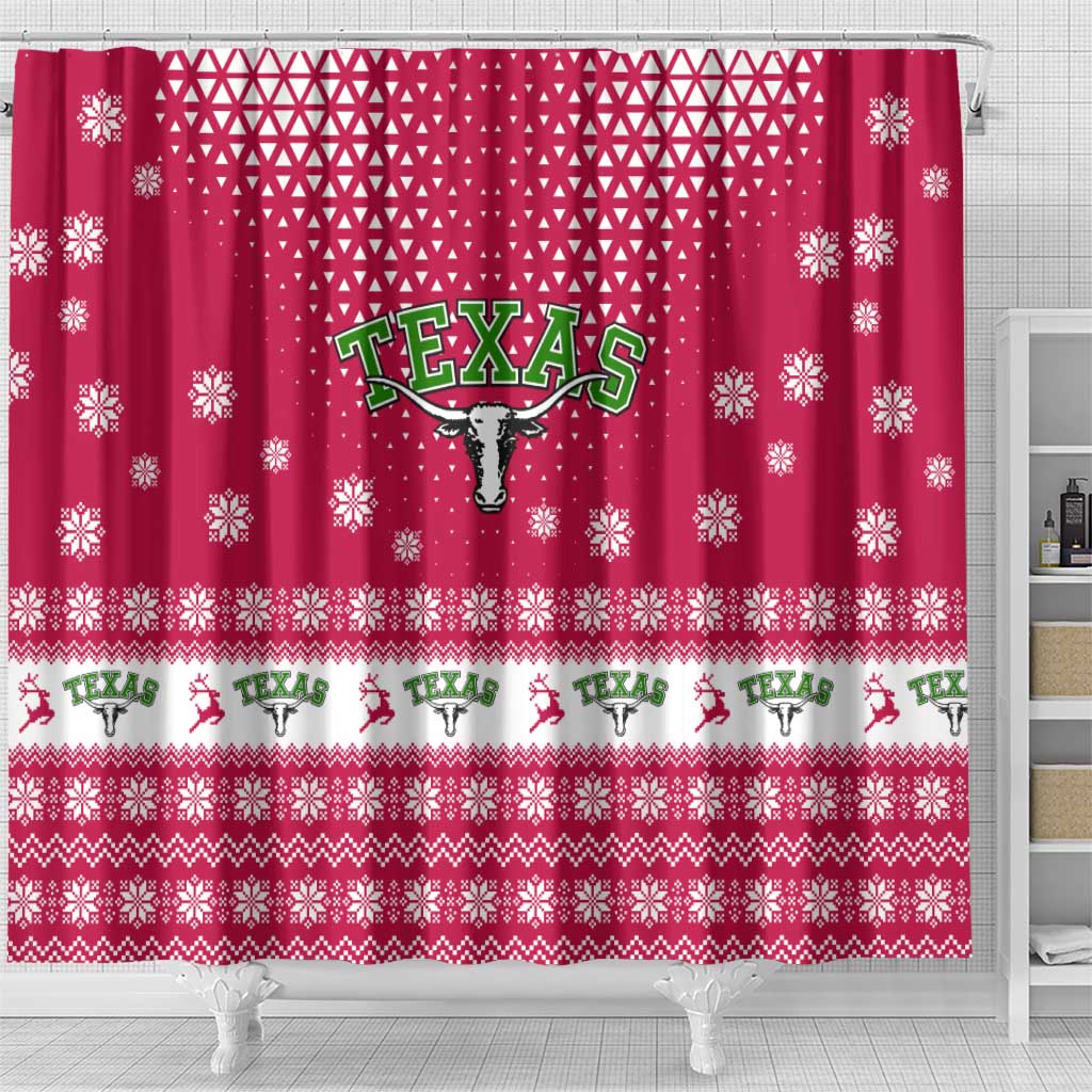 Texas Christmas Shower Curtain with Red and White Snowflake Pattern Longhorn Skull and Christmas Cactus Motif - Wonder Print Shop