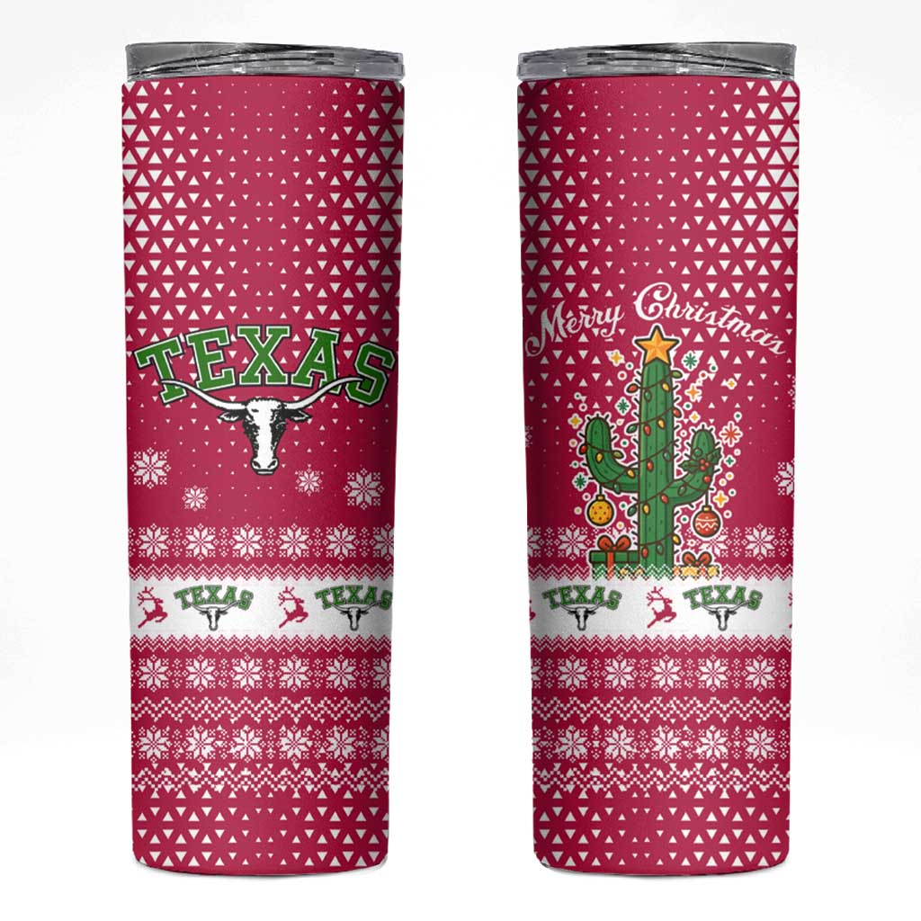 Texas Christmas Skinny Tumbler with Red and White Snowflake Pattern Longhorn Skull and Christmas Cactus Motif - Wonder Print Shop