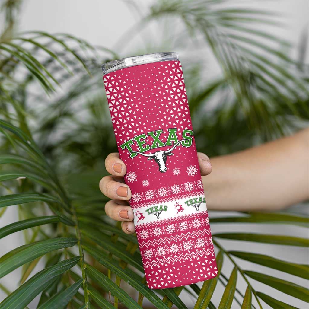 Texas Christmas Skinny Tumbler with Red and White Snowflake Pattern Longhorn Skull and Christmas Cactus Motif - Wonder Print Shop