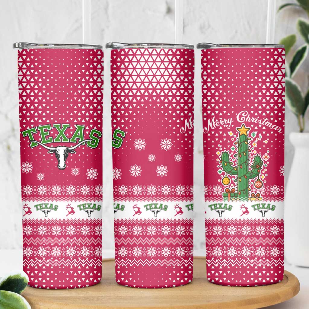Texas Christmas Skinny Tumbler with Red and White Snowflake Pattern Longhorn Skull and Christmas Cactus Motif - Wonder Print Shop