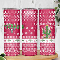 Texas Christmas Skinny Tumbler with Red and White Snowflake Pattern Longhorn Skull and Christmas Cactus Motif - Wonder Print Shop