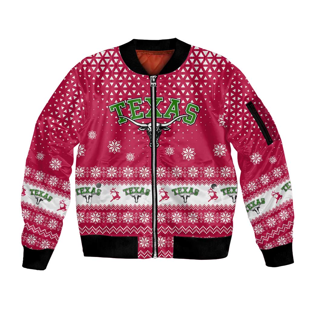 Texas Christmas Sleeve Zip Bomber Jacket with Red and White Snowflake Pattern Longhorn Skull and Christmas Cactus Motif - Wonder Print Shop