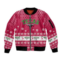 Texas Christmas Sleeve Zip Bomber Jacket with Red and White Snowflake Pattern Longhorn Skull and Christmas Cactus Motif - Wonder Print Shop
