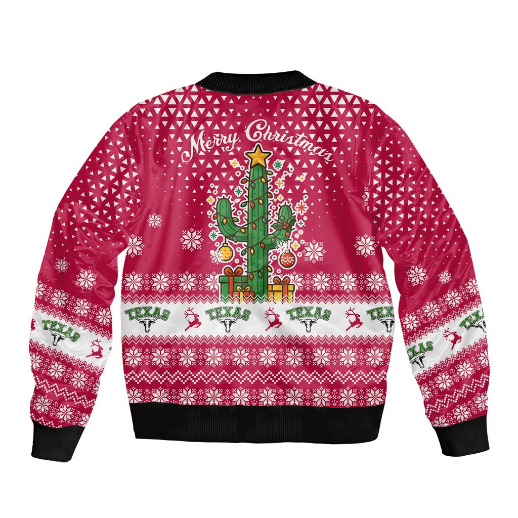 Texas Christmas Sleeve Zip Bomber Jacket with Red and White Snowflake Pattern Longhorn Skull and Christmas Cactus Motif - Wonder Print Shop