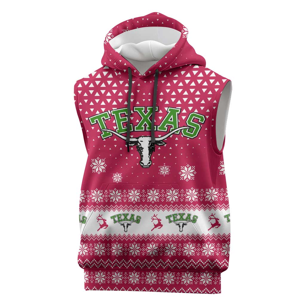 Texas Christmas Sleeveless Hoodie with Red and White Snowflake Pattern Longhorn Skull and Christmas Cactus Motif - Wonder Print Shop