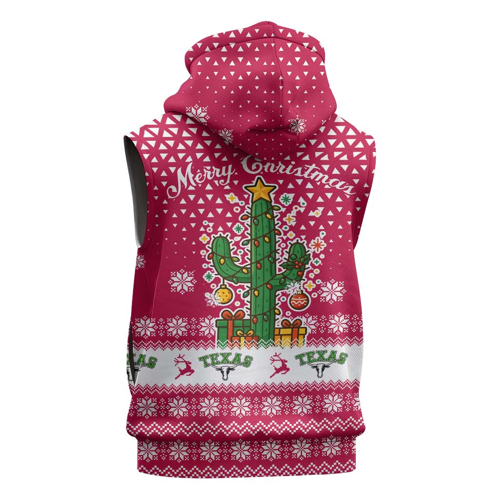 Texas Christmas Sleeveless Hoodie with Red and White Snowflake Pattern Longhorn Skull and Christmas Cactus Motif - Wonder Print Shop