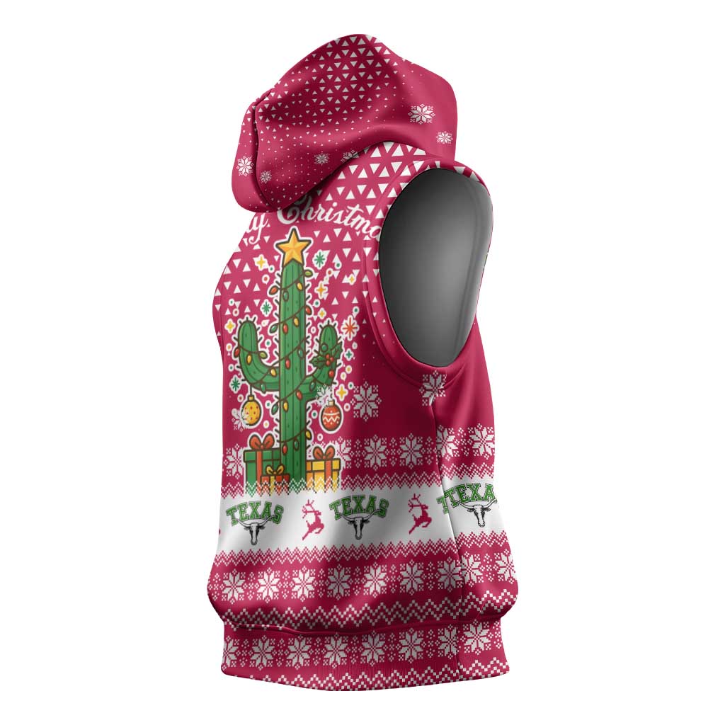 Texas Christmas Sleeveless Hoodie with Red and White Snowflake Pattern Longhorn Skull and Christmas Cactus Motif - Wonder Print Shop