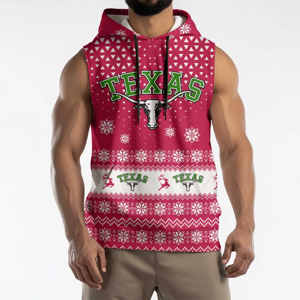 Texas Christmas Sleeveless Hoodie with Red and White Snowflake Pattern Longhorn Skull and Christmas Cactus Motif - Wonder Print Shop