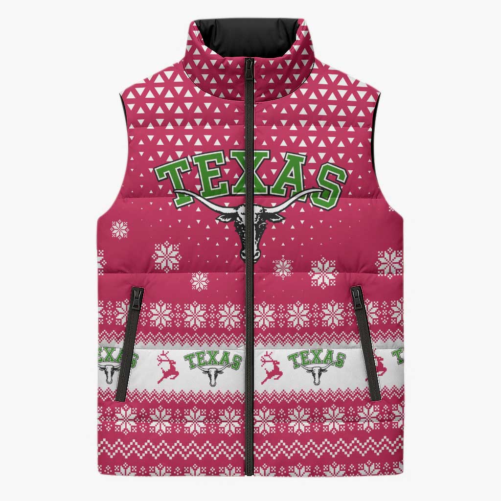 Texas Christmas Sleeveless Puffer Jacket with Red and White Snowflake Pattern Longhorn Skull and Christmas Cactus Motif - Wonder Print Shop