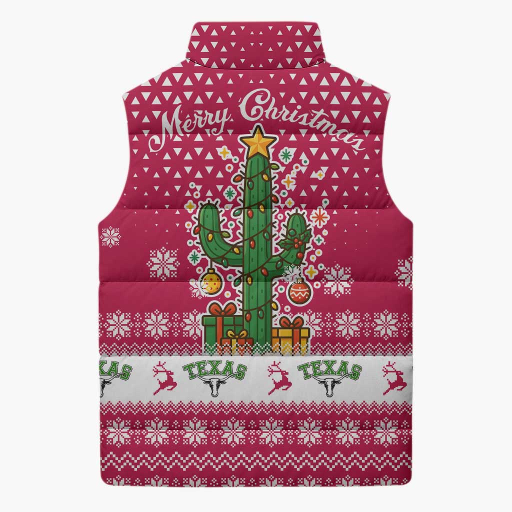 Texas Christmas Sleeveless Puffer Jacket with Red and White Snowflake Pattern Longhorn Skull and Christmas Cactus Motif - Wonder Print Shop