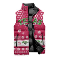 Texas Christmas Sleeveless Puffer Jacket with Red and White Snowflake Pattern Longhorn Skull and Christmas Cactus Motif - Wonder Print Shop