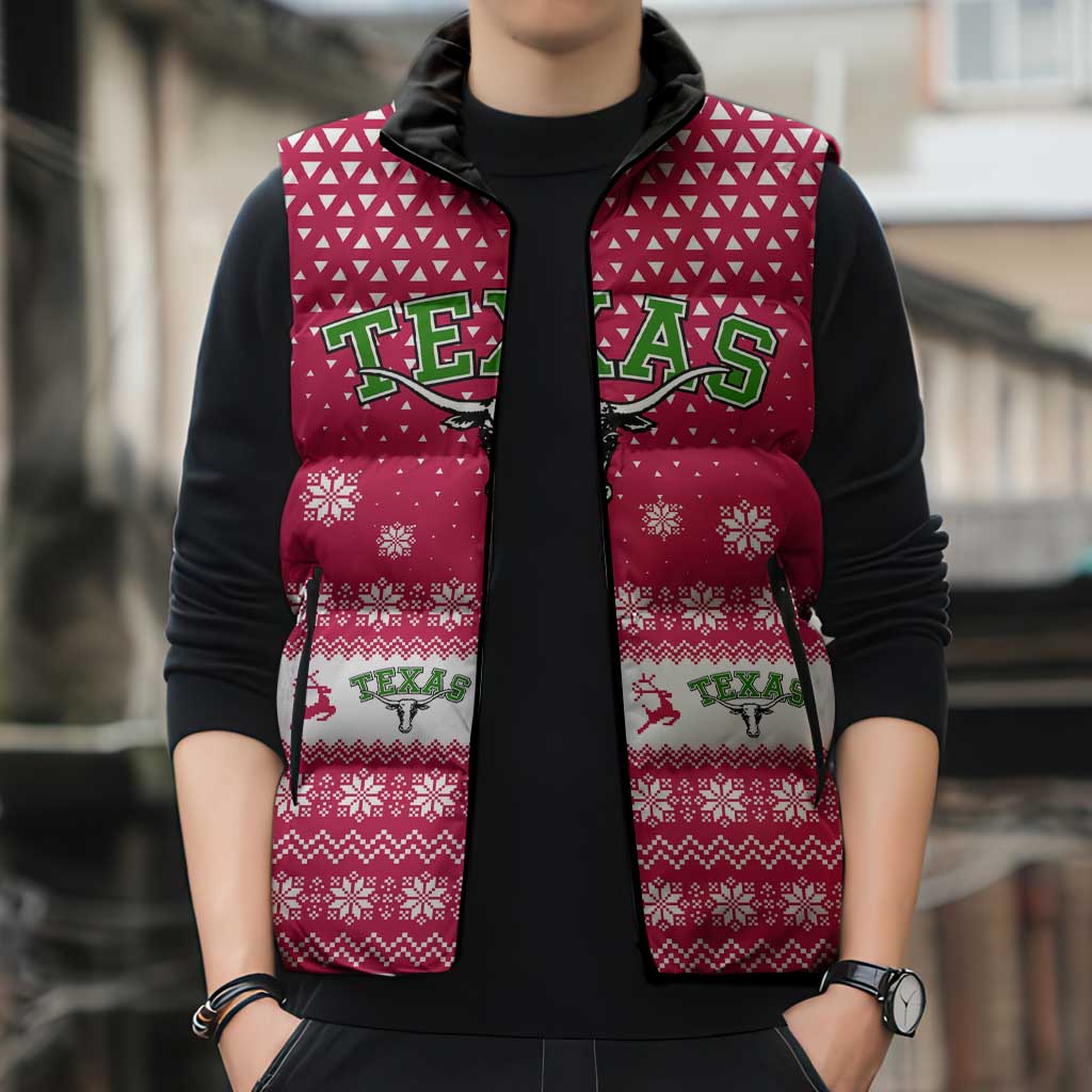 Texas Christmas Sleeveless Puffer Jacket with Red and White Snowflake Pattern Longhorn Skull and Christmas Cactus Motif - Wonder Print Shop