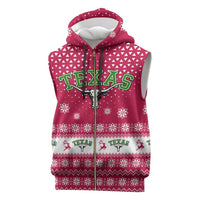 Texas Christmas Sleeveless Zip Hoodie with Red and White Snowflake Pattern Longhorn Skull and Christmas Cactus Motif - Wonder Print Shop