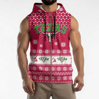 Texas Christmas Sleeveless Zip Hoodie with Red and White Snowflake Pattern Longhorn Skull and Christmas Cactus Motif - Wonder Print Shop