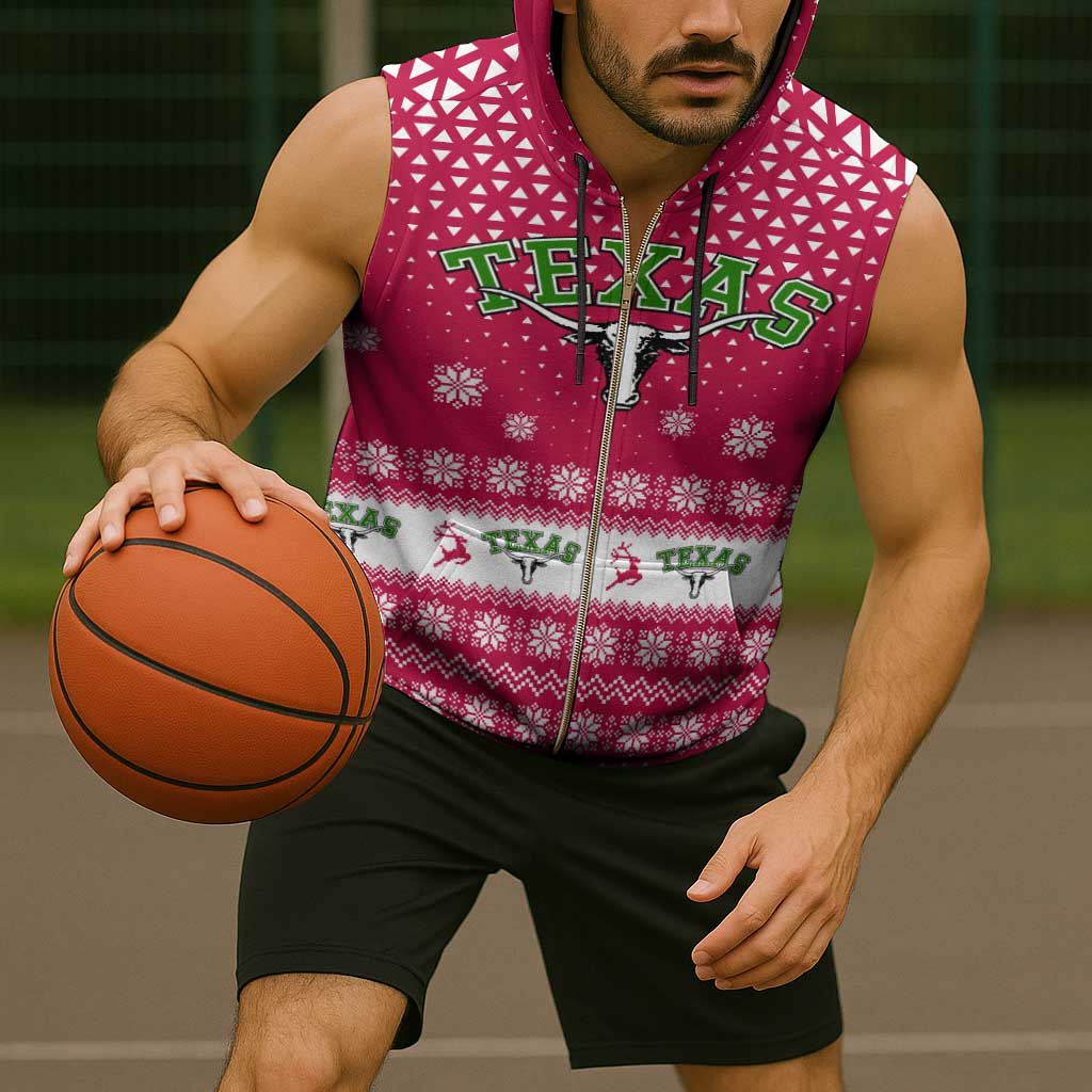 Texas Christmas Sleeveless Zip Hoodie with Red and White Snowflake Pattern Longhorn Skull and Christmas Cactus Motif - Wonder Print Shop