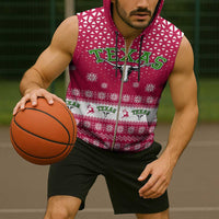 Texas Christmas Sleeveless Zip Hoodie with Red and White Snowflake Pattern Longhorn Skull and Christmas Cactus Motif - Wonder Print Shop