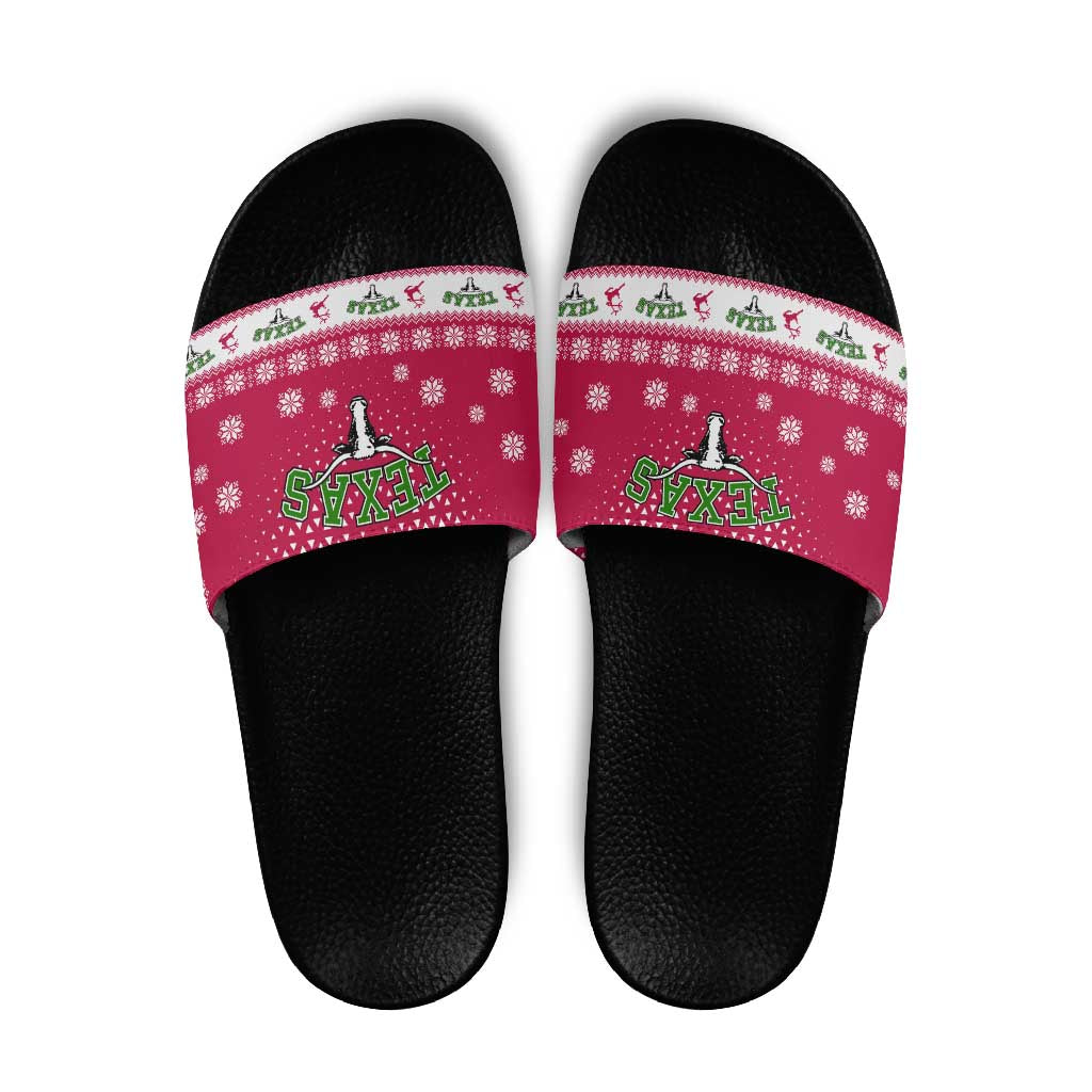 Texas Christmas Slide Sandals with Red and White Snowflake Pattern Longhorn Skull and Christmas Cactus Motif - Wonder Print Shop