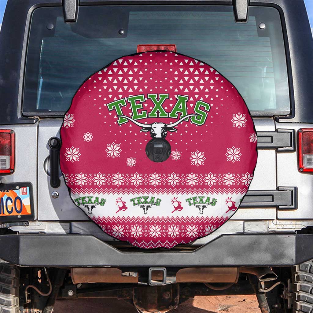 Texas Christmas Spare Tire Cover with Red and White Snowflake Pattern Longhorn Skull and Christmas Cactus Motif - Wonder Print Shop