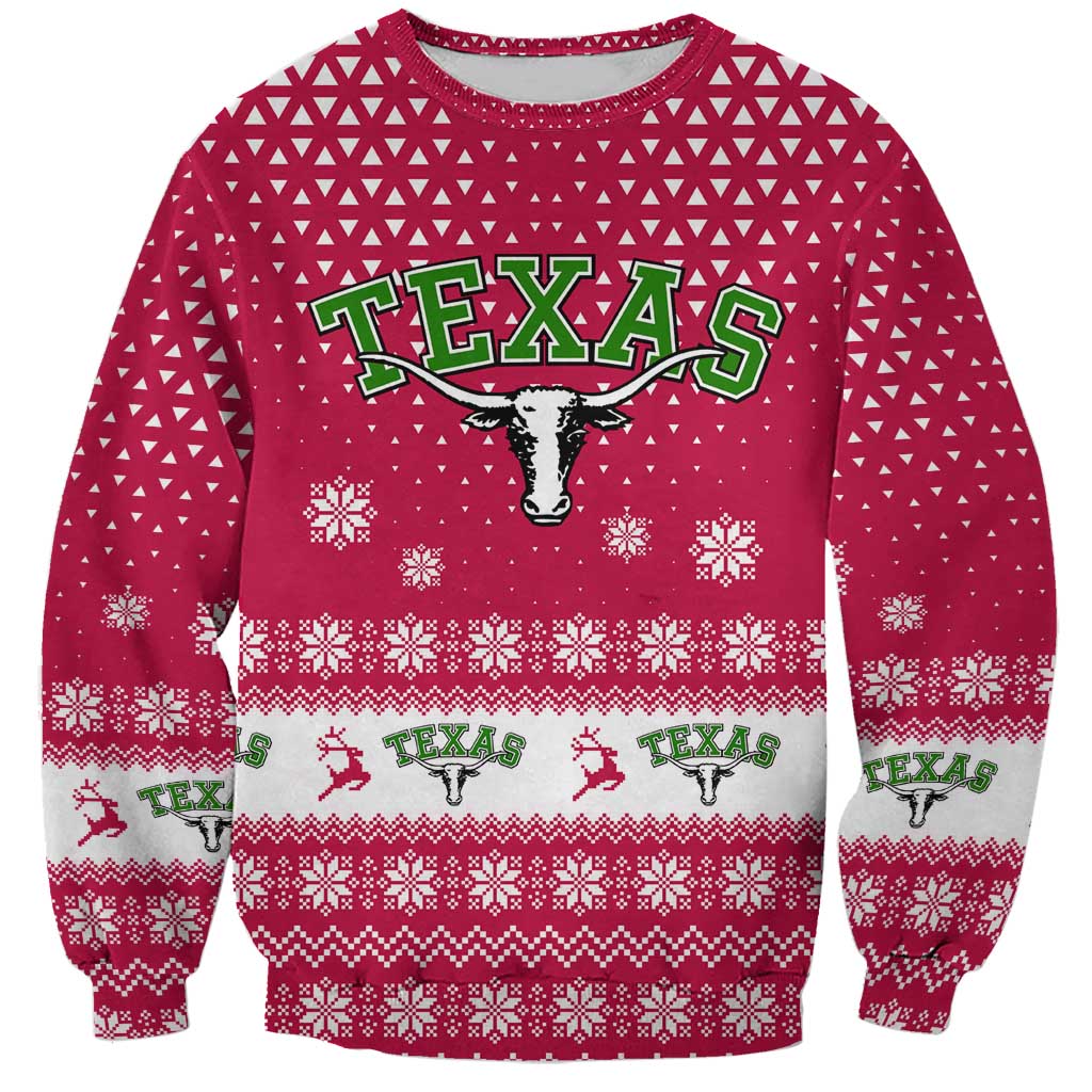 Texas Christmas Sweatshirt with Red and White Snowflake Pattern Longhorn Skull and Christmas Cactus Motif - Wonder Print Shop