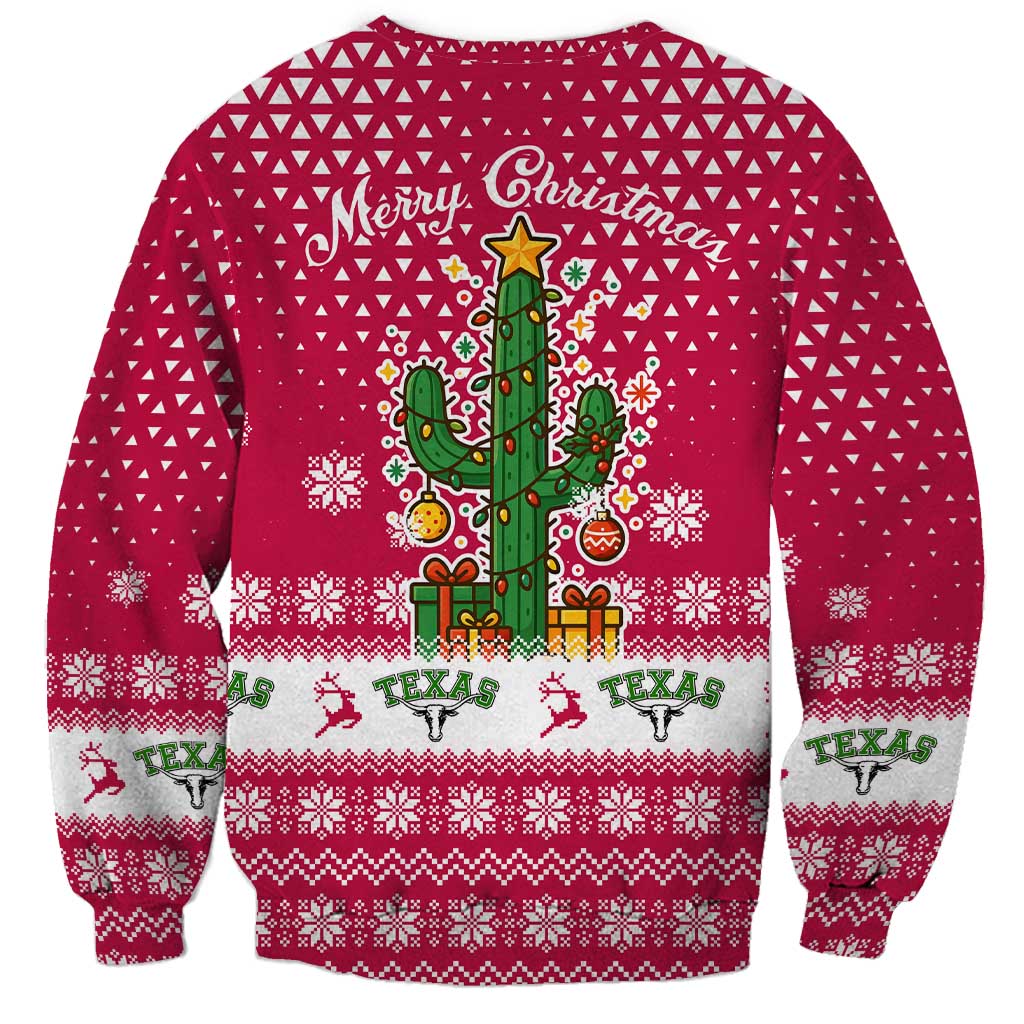Texas Christmas Sweatshirt with Red and White Snowflake Pattern Longhorn Skull and Christmas Cactus Motif - Wonder Print Shop