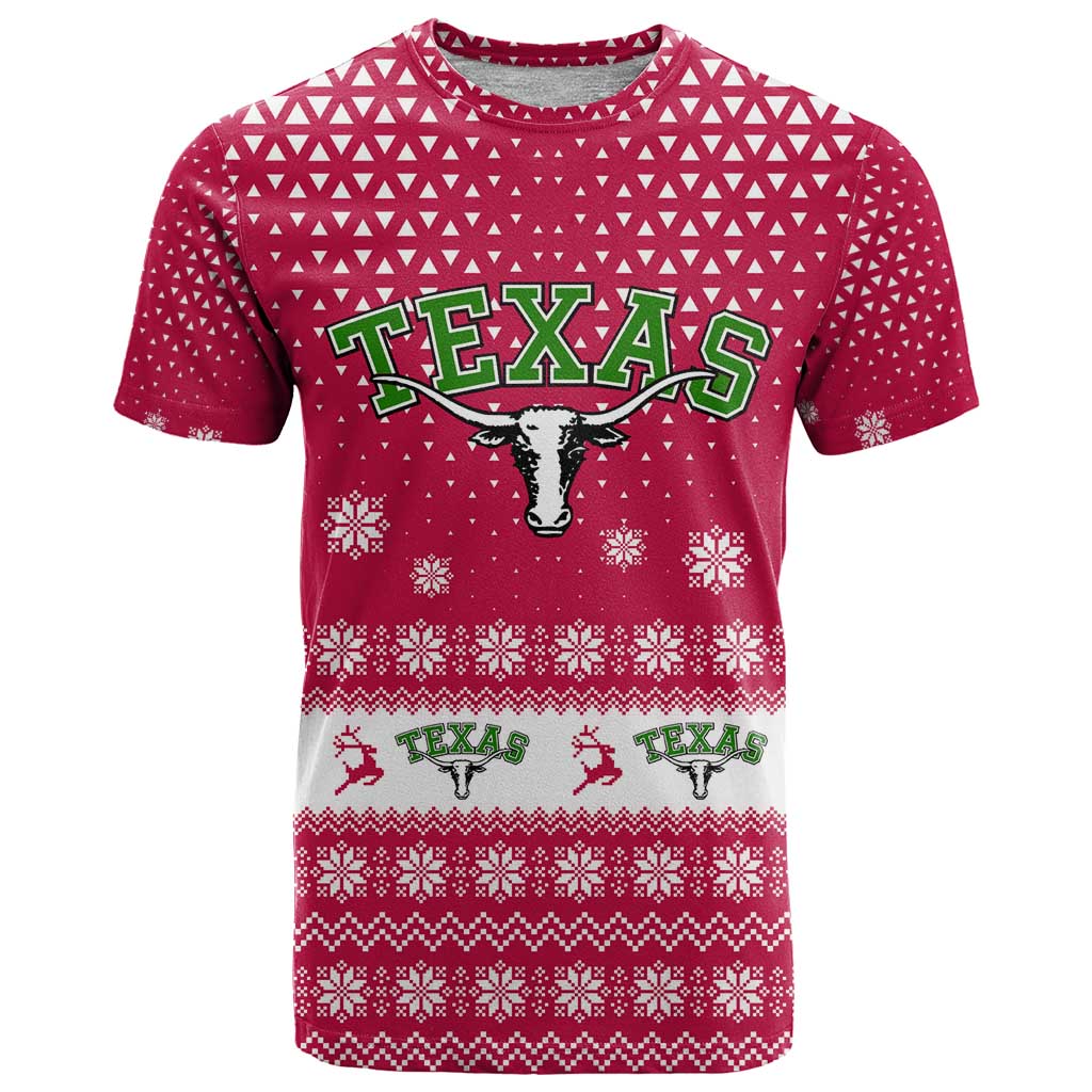 Texas Christmas T Shirt with Red and White Snowflake Pattern Longhorn Skull and Christmas Cactus Motif - Wonder Print Shop