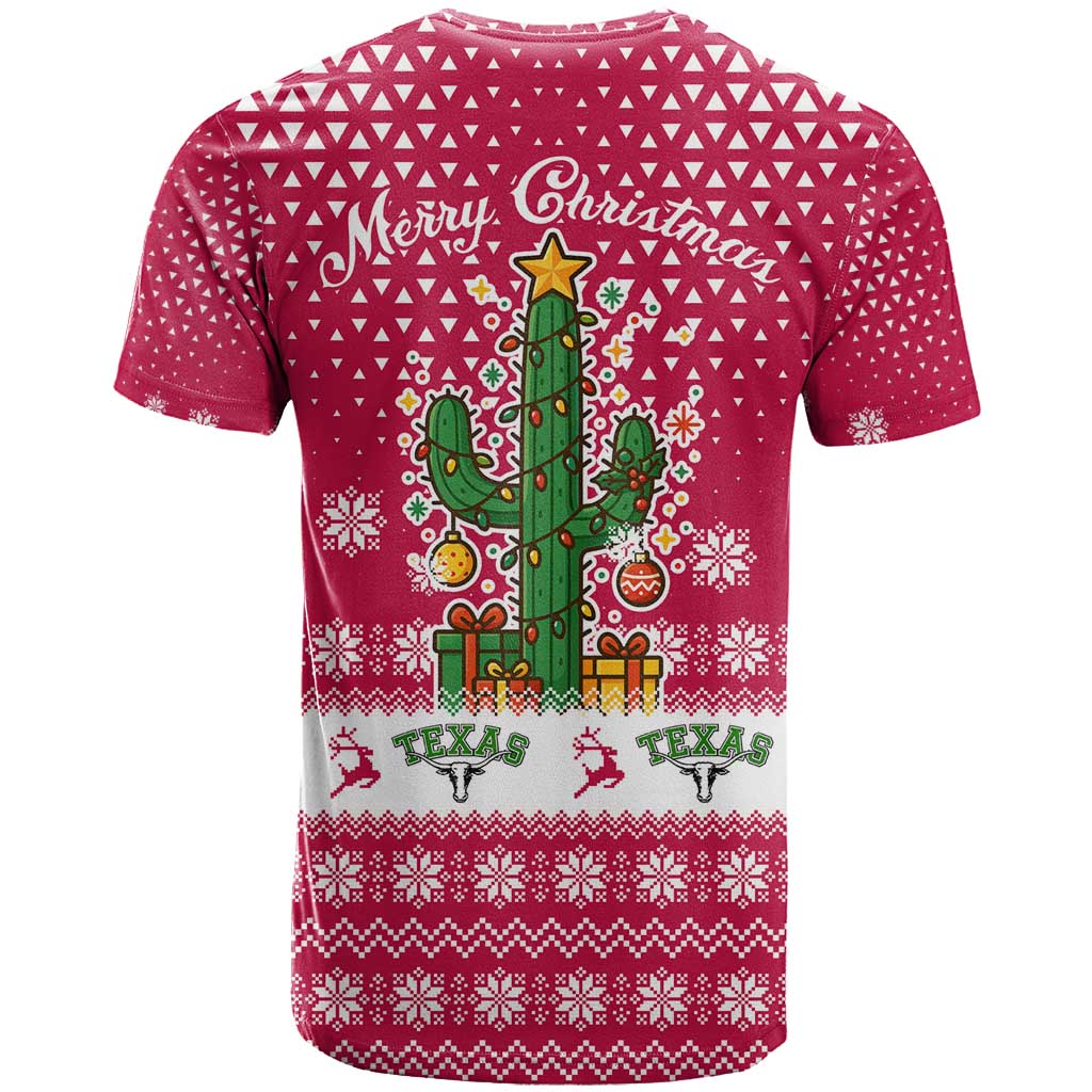 Texas Christmas T Shirt with Red and White Snowflake Pattern Longhorn Skull and Christmas Cactus Motif - Wonder Print Shop