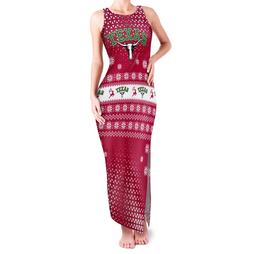 Texas Christmas Tank Maxi Dress with Red and White Snowflake Pattern Longhorn Skull and Christmas Cactus Motif - Wonder Print Shop