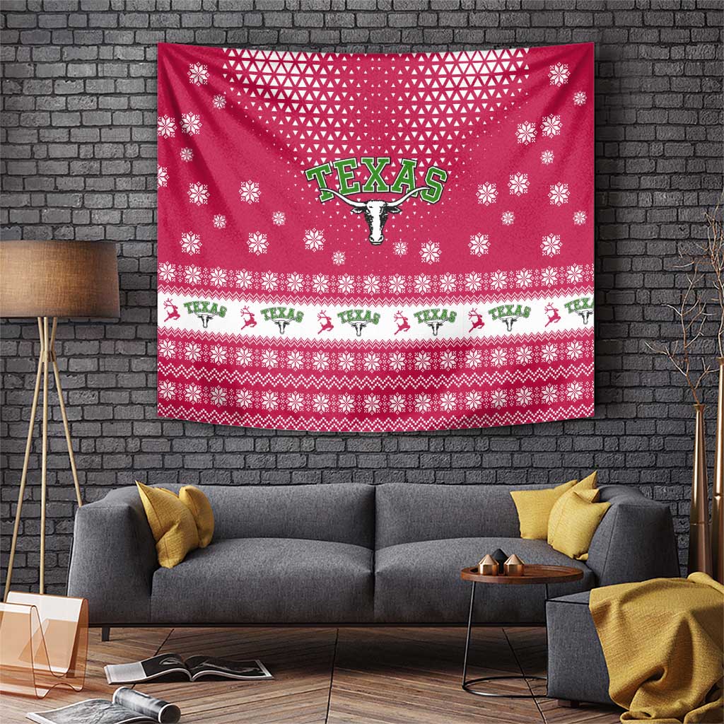 Texas Christmas Tapestry with Red and White Snowflake Pattern Longhorn Skull and Christmas Cactus Motif - Wonder Print Shop