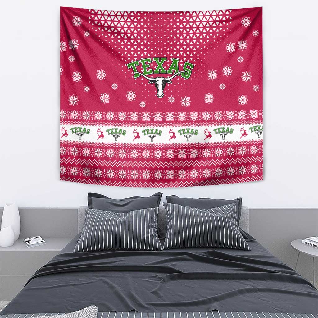 Texas Christmas Tapestry with Red and White Snowflake Pattern Longhorn Skull and Christmas Cactus Motif - Wonder Print Shop