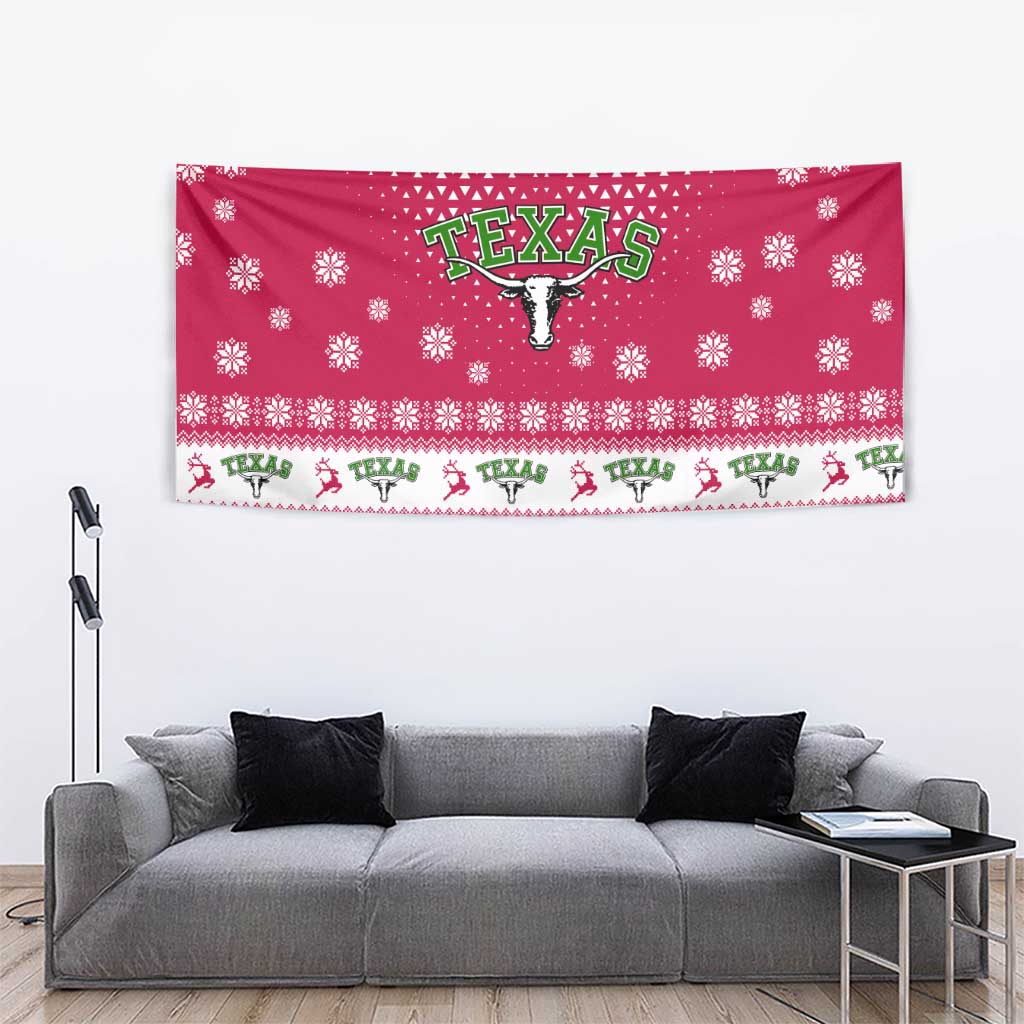 Texas Christmas Tapestry with Red and White Snowflake Pattern Longhorn Skull and Christmas Cactus Motif - Wonder Print Shop