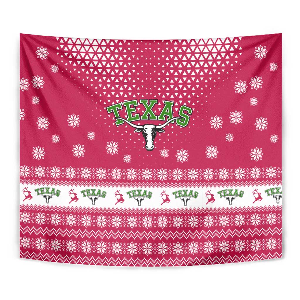 Texas Christmas Tapestry with Red and White Snowflake Pattern Longhorn Skull and Christmas Cactus Motif - Wonder Print Shop