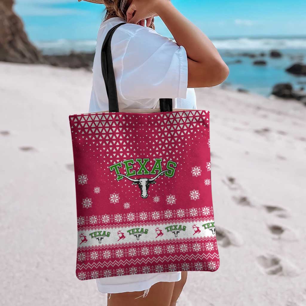 Texas Christmas Tote Bag with Red and White Snowflake Pattern Longhorn Skull and Christmas Cactus Motif - Wonder Print Shop