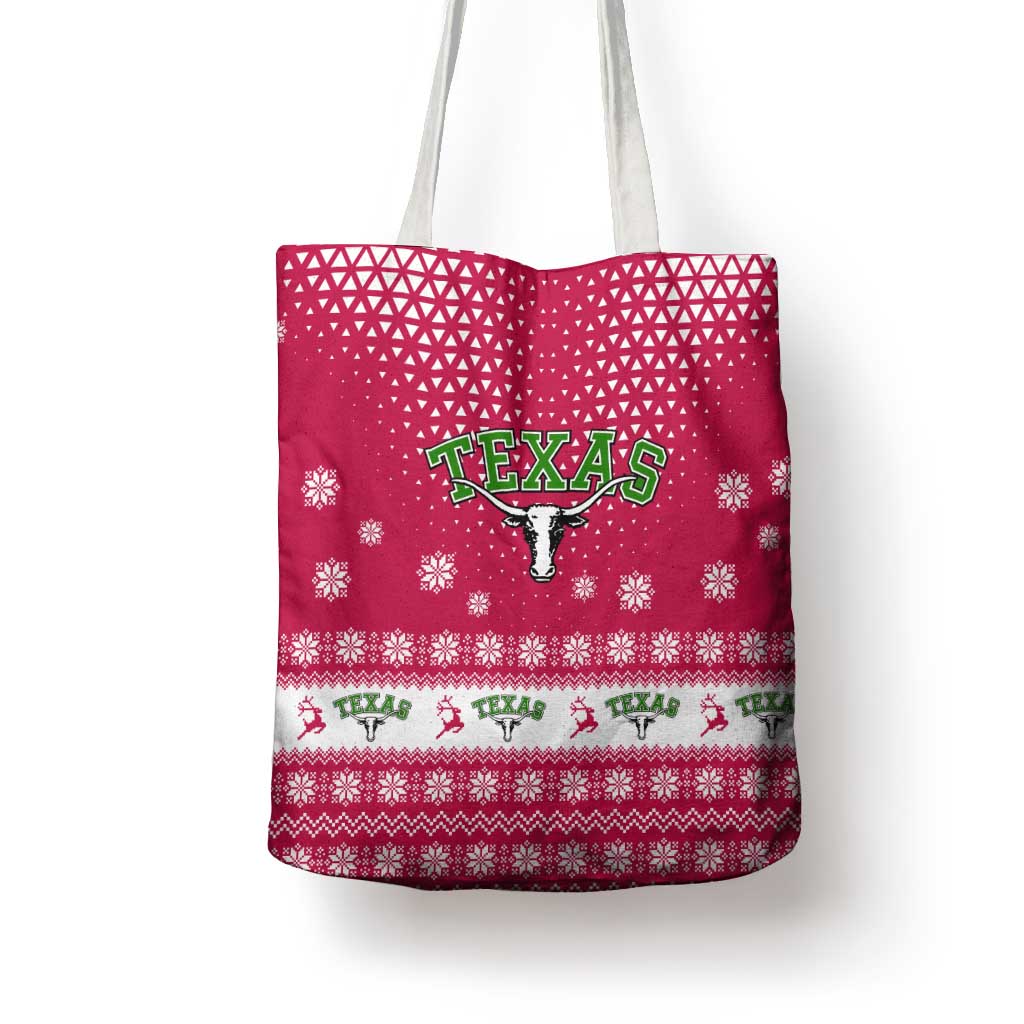 Texas Christmas Tote Bag with Red and White Snowflake Pattern Longhorn Skull and Christmas Cactus Motif - Wonder Print Shop
